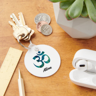 Aqua Bird Feathers Pattern Om Symbol 2" Aluminium Key Ring