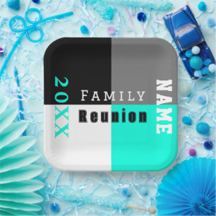 Aqua, black and white custom family reunion paper plate
