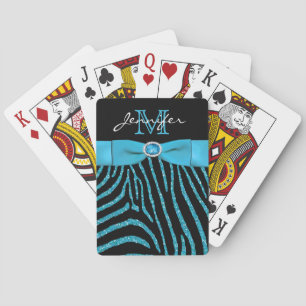 Aqua Black FAUX Ribbon Glitter Zebra Playing Cards