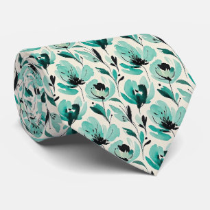 Aqua + Black Faux Silk Tie Watercolor Floral