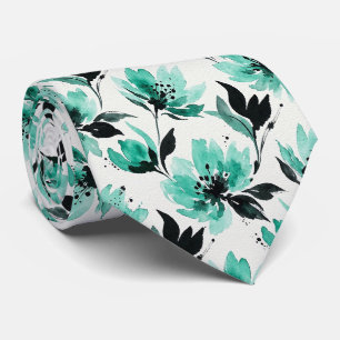 Aqua + Black Faux Silk Tie Watercolor Floral