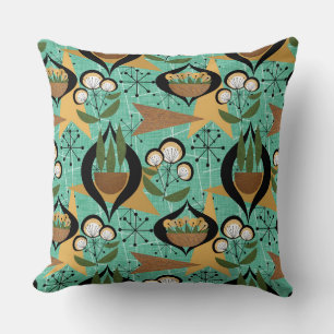 Aqua, Black, Gold Atomic Plants   Mid-Century Cushion