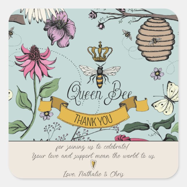 Aqua, Black & Gold Queen Bee and Crown Thank You Square Sticker (Front)