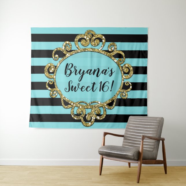 Aqua Black Gold Striped Birthday Party Backdrop Tapestry (In Situ (Horizontal))