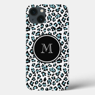 Aqua Black Leopard Animal Print with Monogram iPhone 13 Case