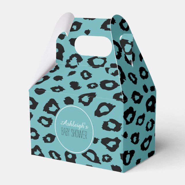 Aqua Black Leopard Print Baby Shower Favour Box (Front Side)
