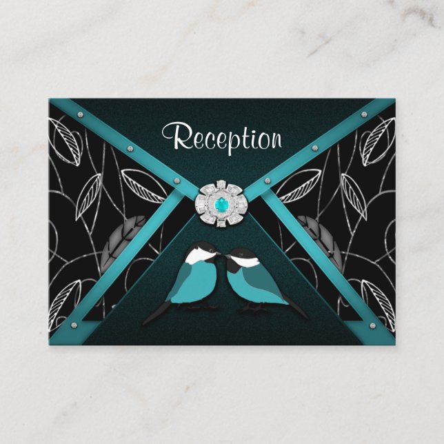 Aqua & Black Love Birds Wedding Reception Cards (Front)