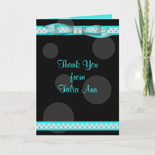 Aqua Black Polka Dot Ribbon Bat Mitzvah Thank You Card