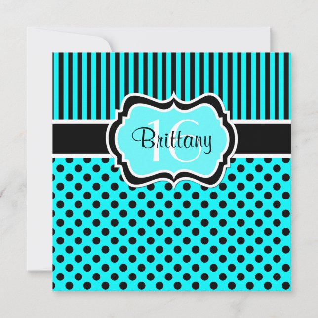 Aqua, Black Polka Dot Sixteenth Birthday Invite (Front)
