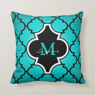 Aqua Black Quatrefoil Pattern Monogrammed Pillow