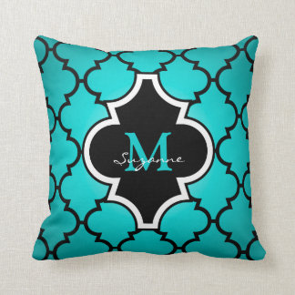 Aqua Black Quatrefoil Pattern Monogrammed Pillow