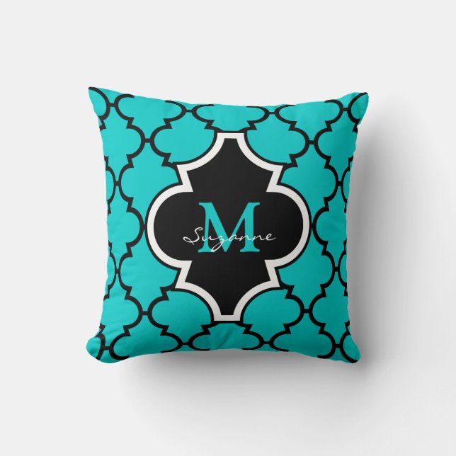 Aqua Black Quatrefoil Pattern Monogrammed Pillow (Front)