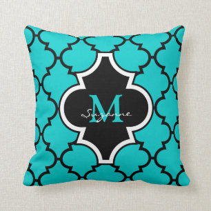 Aqua Black Quatrefoil Pattern Monogrammed Pillow