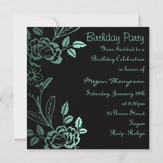 Aqua & Black Rose Leaf Birthday Invitation (Front)