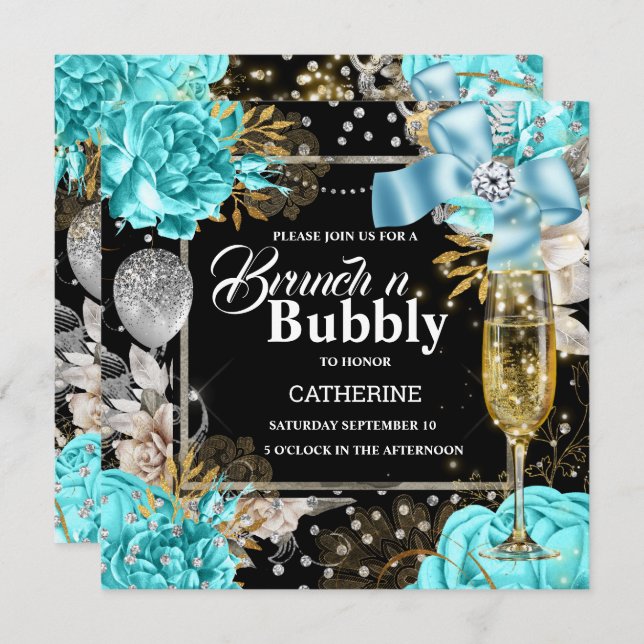 Aqua black rose shabby chic bubbly glitter   invitation (Front/Back)