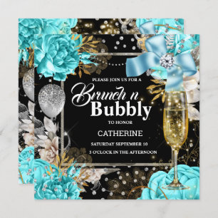 Aqua black rose shabby chic bubbly glitter   invitation