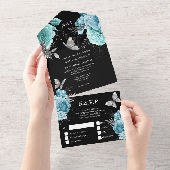 Aqua black silver glam butterfly rose floral chic all in one invitation (Tearaway)