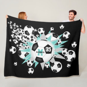 aqua black soccer balls stars girls sports decor fleece blanket