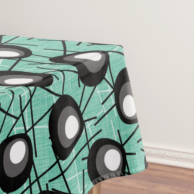 Aqua, Black & White Atomic Blobs | Mid-Century Tablecloth (In Situ)