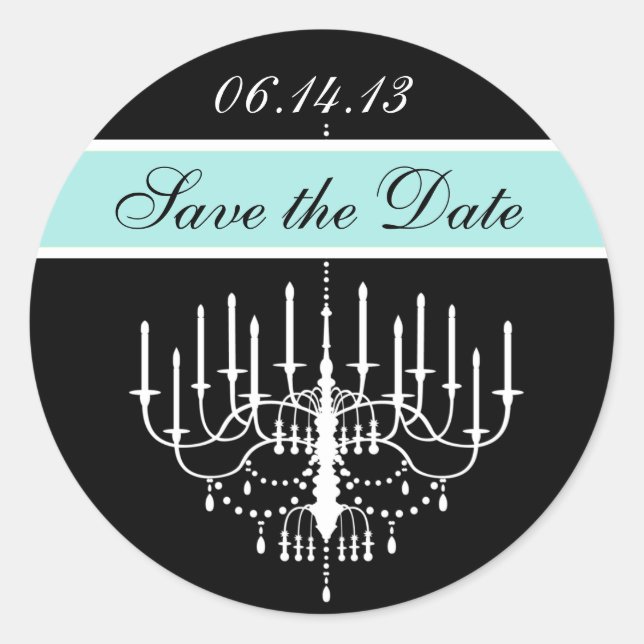 Aqua Black/White Chandelier Save the Date Stickers (Front)