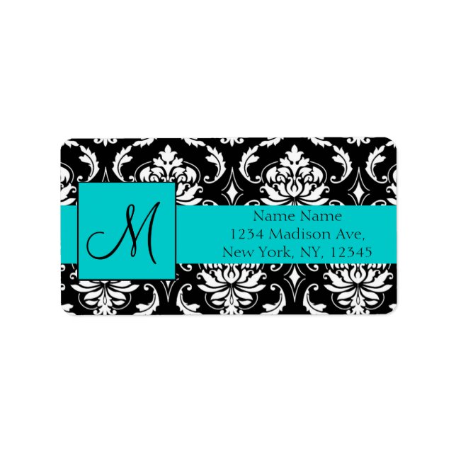 Aqua Black White Damask Return Address Labels (Front)