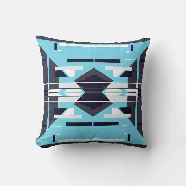 Aqua Black White Grey Symmetrical Southwest Look Cushion (Front)