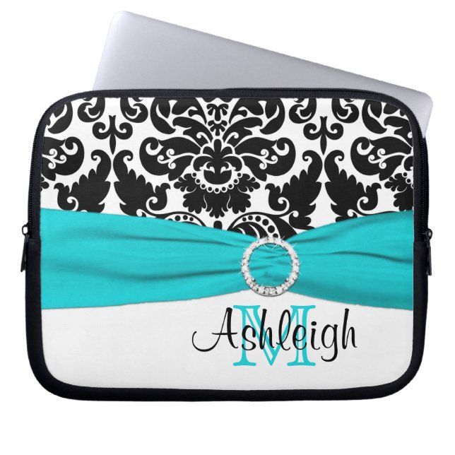 Aqua Black White with FAUX Ribbon Laptop Sleeve (Front)