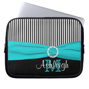 Aqua Black White with FAUX Ribbon Laptop Sleeve