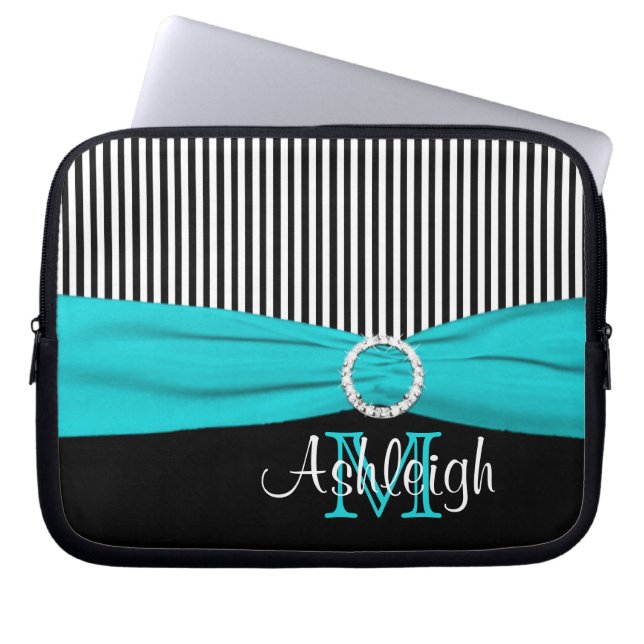 Aqua Black White with FAUX Ribbon Laptop Sleeve (Front)