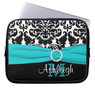 Aqua Black White with FAUX Ribbon Laptop Sleeve