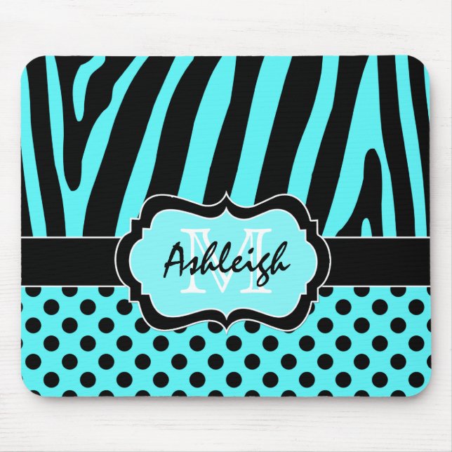 Aqua, Black, White Zebra Stripe & Dots Mousepad (Front)