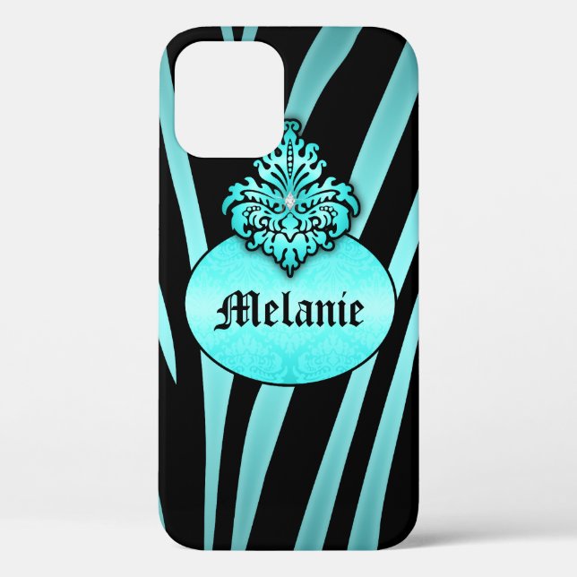 Aqua Black Zebra Stripes with Flourish Nameplate Case-Mate iPhone Case (Back)