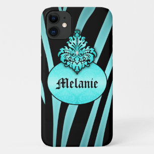 Aqua Black Zebra Stripes with Flourish Nameplate iPhone 11 Case
