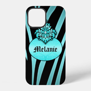 Aqua Black Zebra Stripes with Flourish Nameplate iPhone 12 Case