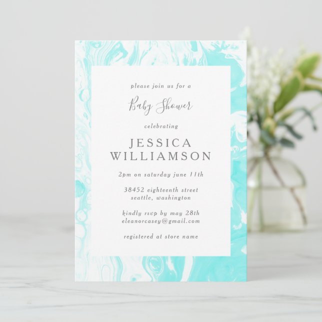 Aqua Blue Abstract Marble Baby Shower Invitation (Standing Front)