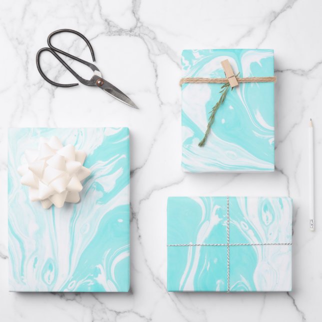 Aqua Blue Abstract Marble  Wrapping Paper Sheet (Front)
