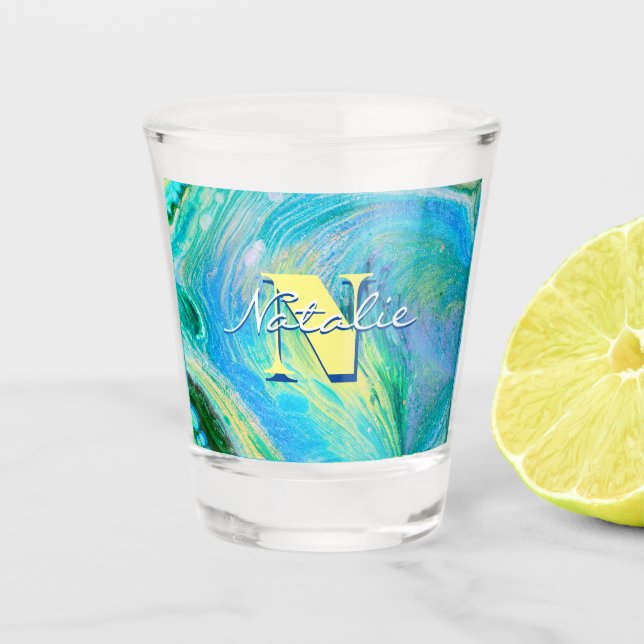Aqua Blue Acrylic Flow Art Can Cooler Shot Glass (Front)