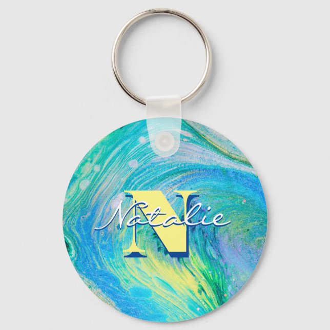 Aqua Blue Acrylic Flow Art Key Ring (Front)