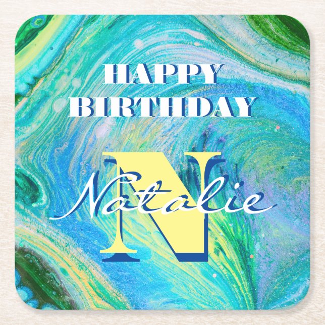 Aqua Blue Acrylic Flow Art Square Paper Coaster (Front)