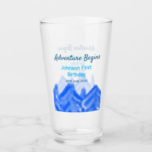 Aqua blue Adventure begins 1st birthday mountain d Glass