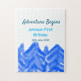 Aqua blue Adventure begins 1st birthday mountain d Jigsaw Puzzle