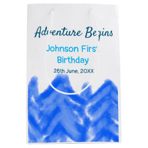 Aqua blue Adventure begins 1st birthday mountain d Medium Gift Bag