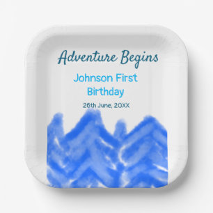 Aqua blue Adventure begins 1st birthday mountain d Paper Plate