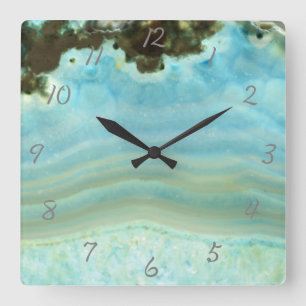 Aqua Blue Agate Geode Gemstone Crystal Pattern Square Wall Clock