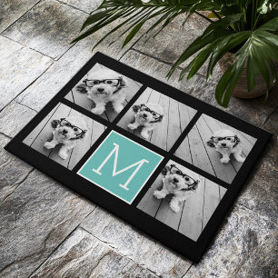 Aqua Blue and Black 5 Photo Collage Monogram Doormat