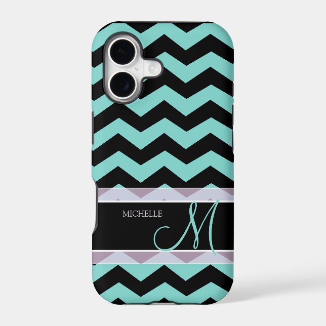 Aqua Blue and Black Chevron Pattern with Monogram (Back)