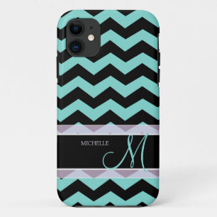 Aqua Blue and Black Chevron Pattern with Monogram iPhone 11 Case