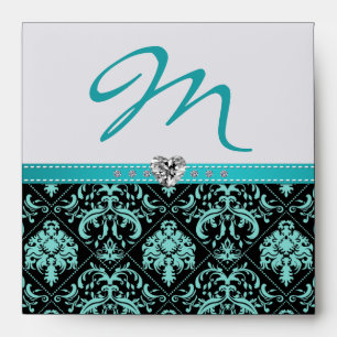 Aqua Blue and Black damask Monogram with Diamonds Envelopes