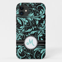Aqua Blue and black damask with monogram