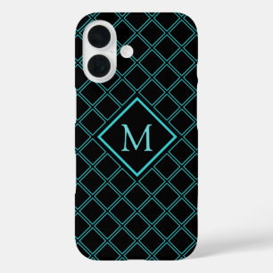Aqua Blue and Black Diamond Pattern Monogram iPhone 16 Case